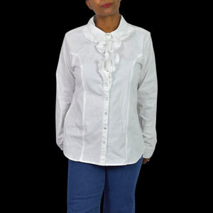 Back in the Saddle White Shirt Equestrian Cowgirl Collared Button Front Ruffled Fitted Tailored Large