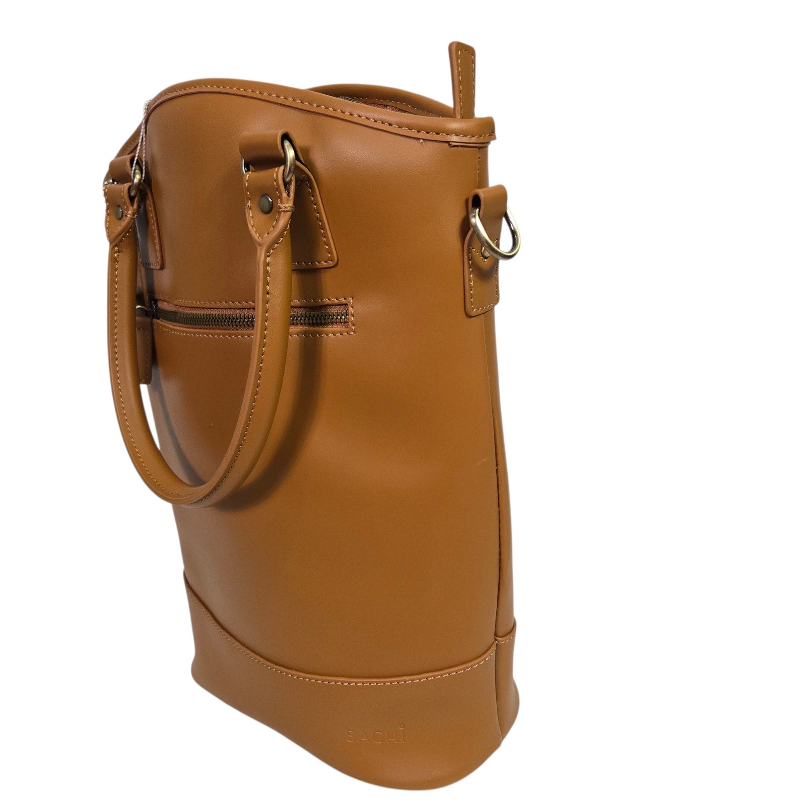SACHI Insulated Wine Tote Bag Camel Brown Leather Lunch Bucket Two Bottle Strap