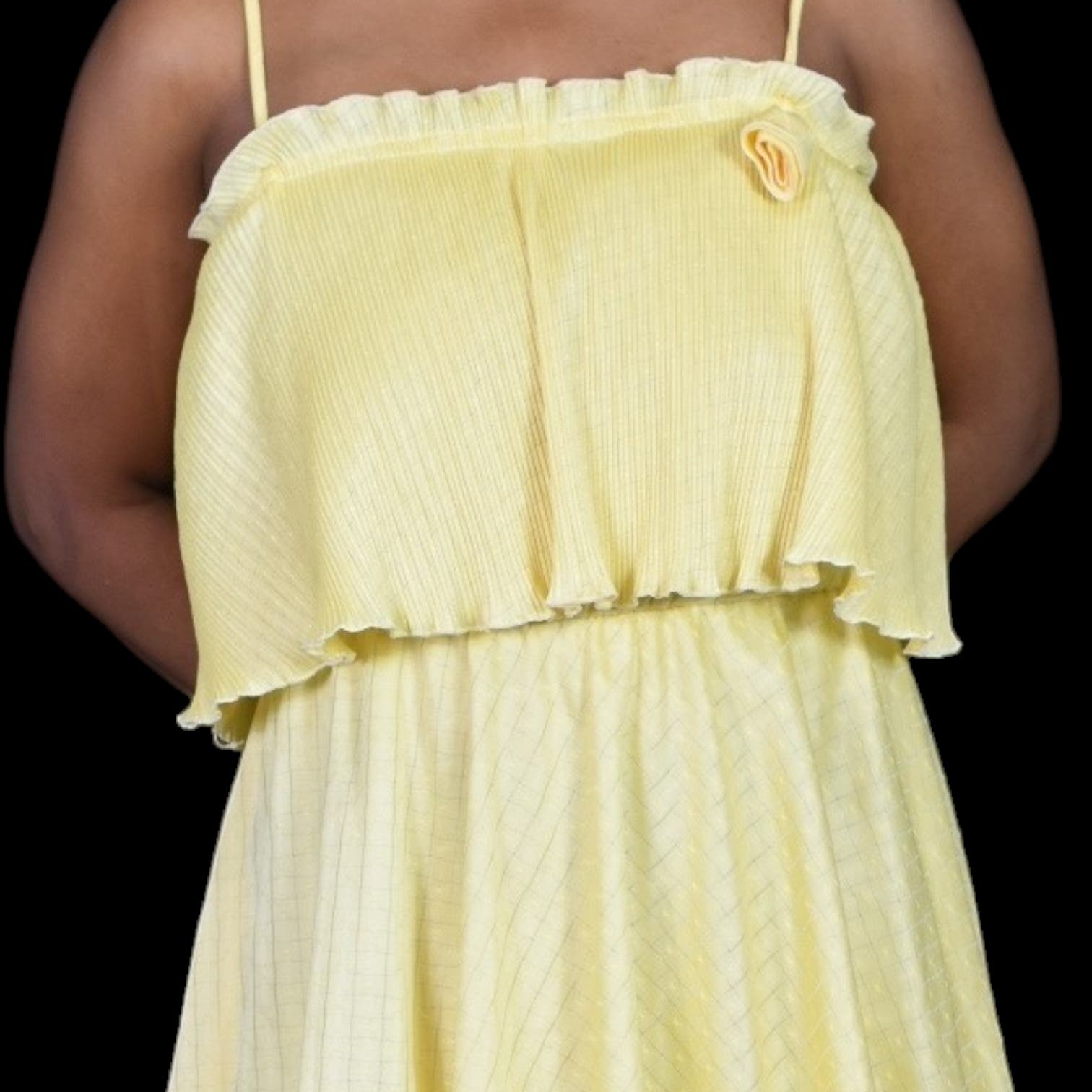 Vintage 70s Tiered Midi Dress Yellow Ruffle Plisse Lemon Sunny Pastel Homemade Size Large