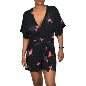 Knot Sisters Mucho Aloha Romper Black Tropical Floral Multi Print Viscose Belted Size Medium