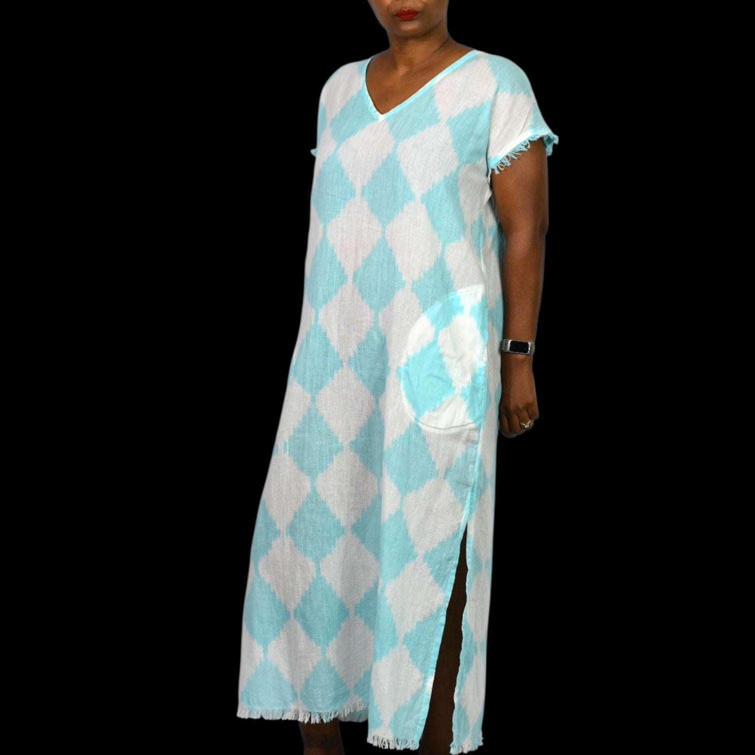 Lula Soul Cotton Caftan Blue Diamond Print Fringe Lightweight Dress Maxi Slits Cover Up Tunic XS