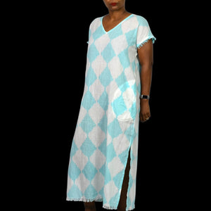 Lula Soul Cotton Caftan Blue Diamond Print Fringe Lightweight Dress Maxi Slits Cover Up Tunic XS