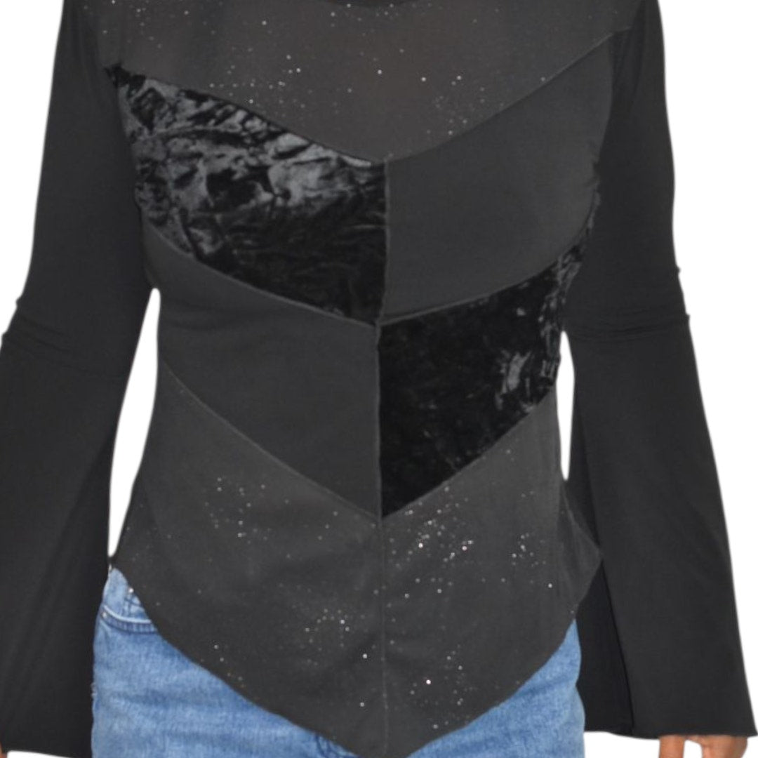 Vintage Ludmilla Paris Bell Sleeve Top Black Velvet Sparkle Y2K France Patchwork Small