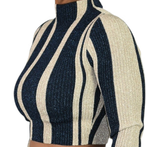 Self Portrait Crop Top Blue Striped Knit Lurex Metallic Shiny Mock Neck Fitted Small