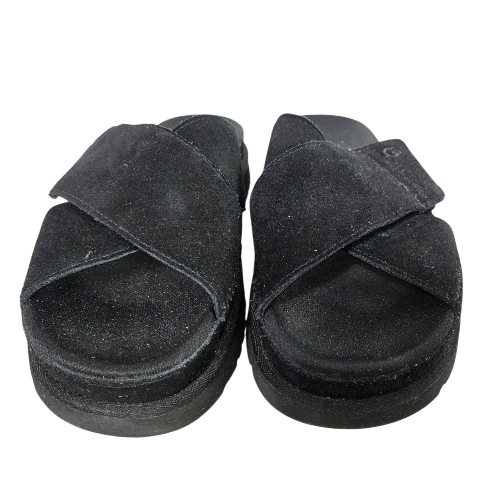 Ugg Goldenstar Cross Slide Sandals Black Platform Open Toe Suede Chunky Lug Sole Flat Form Criss Cross 9