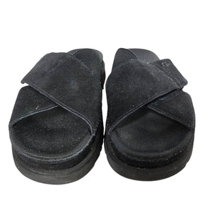 Ugg Goldenstar Cross Slide Sandals Black Platform Open Toe Suede Chunky Lug Sole Flat Form Criss Cross 9
