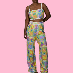 Fore Fruit Print Pant Set Yellow Block Print Matching CoOrd Crop Top Wide Leg Medium
