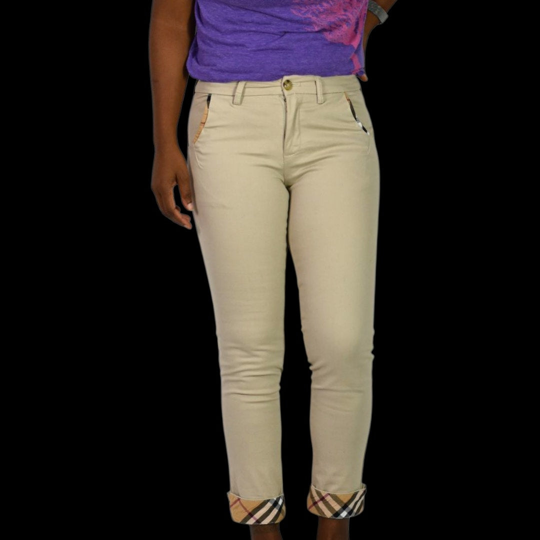 Burberry Khaki Pants Tan Nova Check Chino Cuff Tapered Ankle Cropped Low Rise 26
