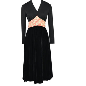 Vintage Midi Dress Black Banded A LIne Velvet Satin Long Sleeves Fit Flare Knit Brocade 60s 70s XS