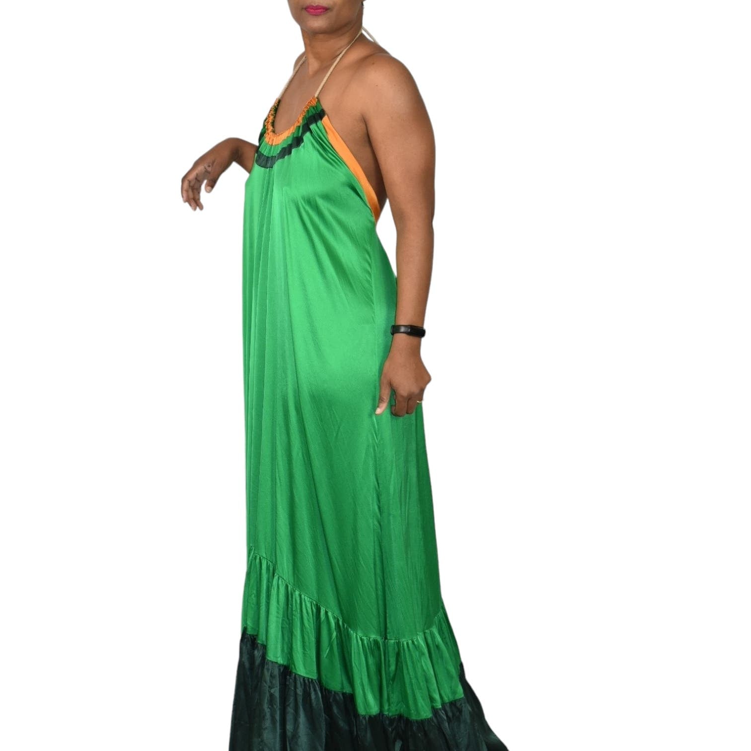 Love Binetti Halter Dress Green Silk Satin Maxi Sundress Draped Tent Oversized Lounge Patio Flowy Size Medium