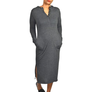 Noctex Sweater Dress Grey Charcoal Wool Midi Hooded Pockets Slits Elbow Patches XS