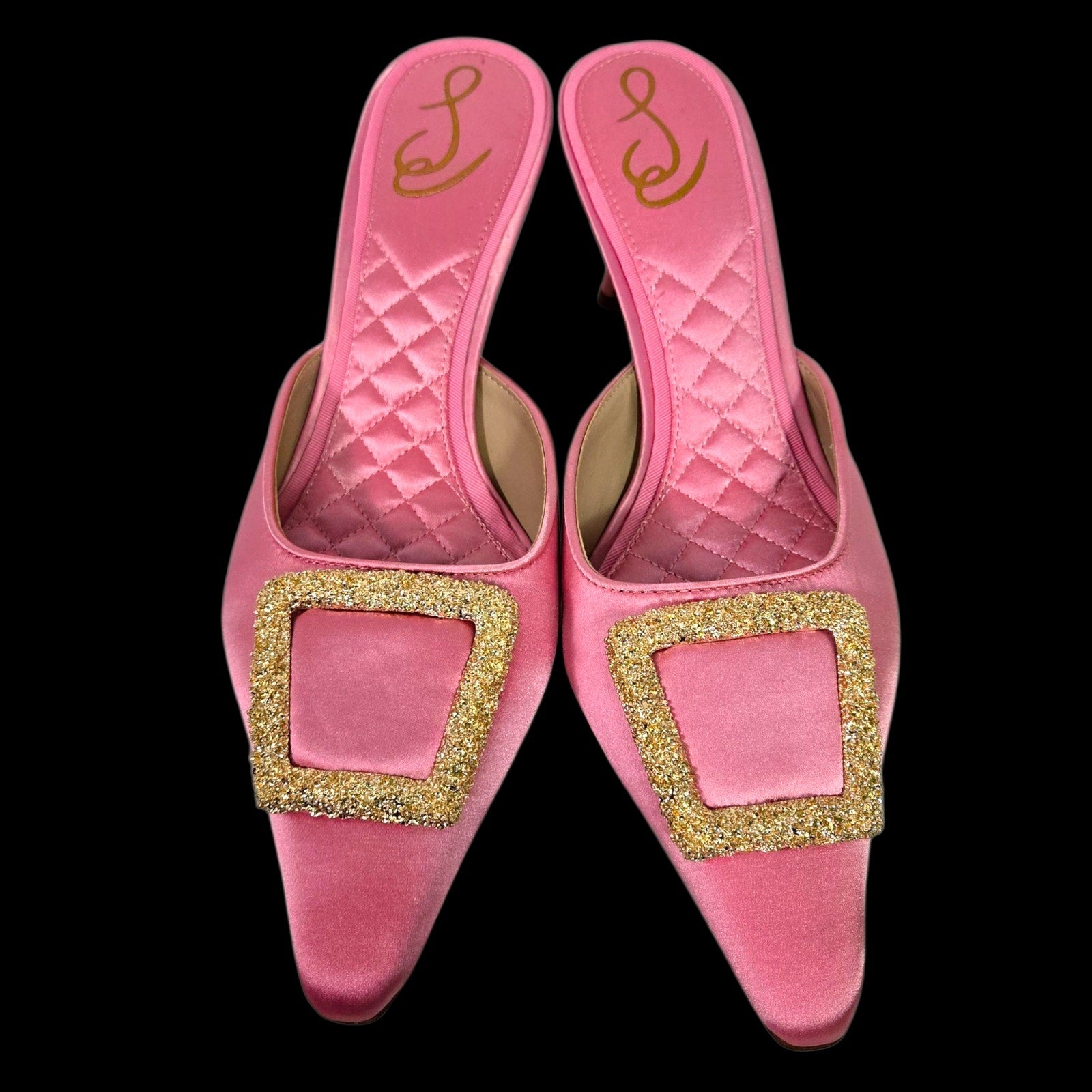 Sam Edelman Brit Satin Mules Pink Almond Toe Embellished Buckle Quilted Sole Kitten Heel 8
