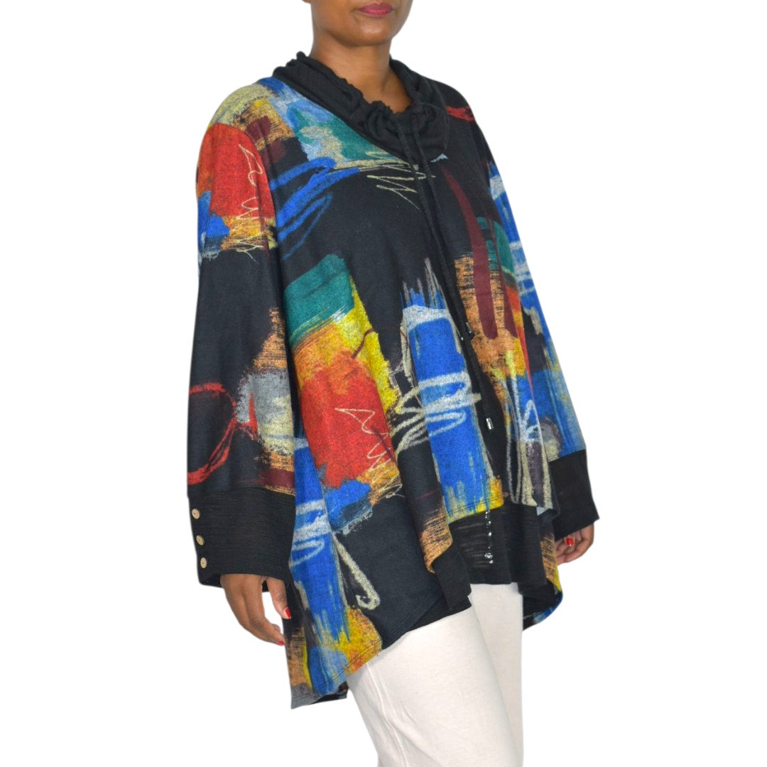 Ali Miles Abstract Art Cowl Neck Tunic Multicolor Black Print Sweater Top Lagenlook Plus 2X