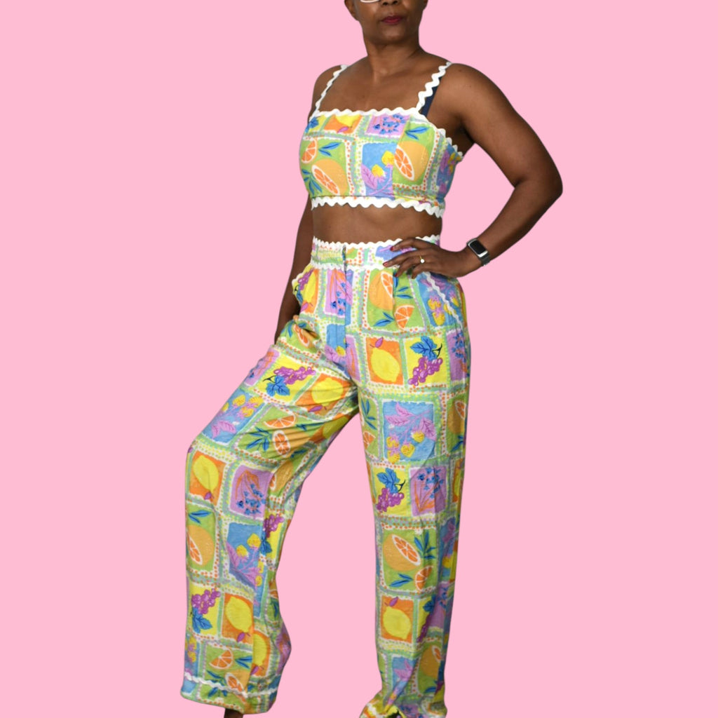 Fore Fruit Print Pant Set Yellow Block Print Matching CoOrd Crop Top Wide Leg Medium