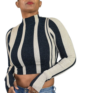 Self Portrait Crop Top Blue Striped Knit Lurex Metallic Shiny Mock Neck Fitted Small