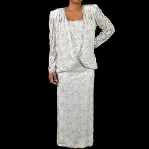 Vintage Beaded Lace Dress White 80s Sequin Long Maxi Blouson Column Handmade Bespoke Shoulder Pads Small