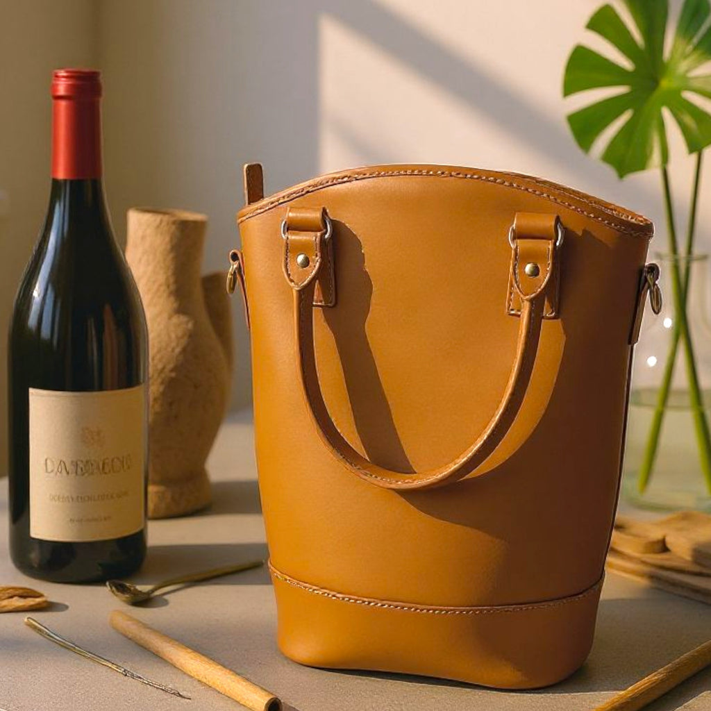 SACHI Insulated Wine Tote Bag Camel Brown Leather Lunch Bucket Two Bottle Strap