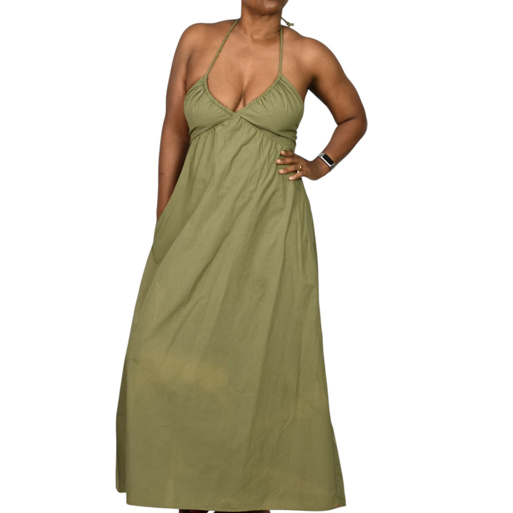 Xirena Maggie Halter Dress Green Khaki Olive Maxi Poplin Cotton Sundress Smocked Shirred Pockets XS