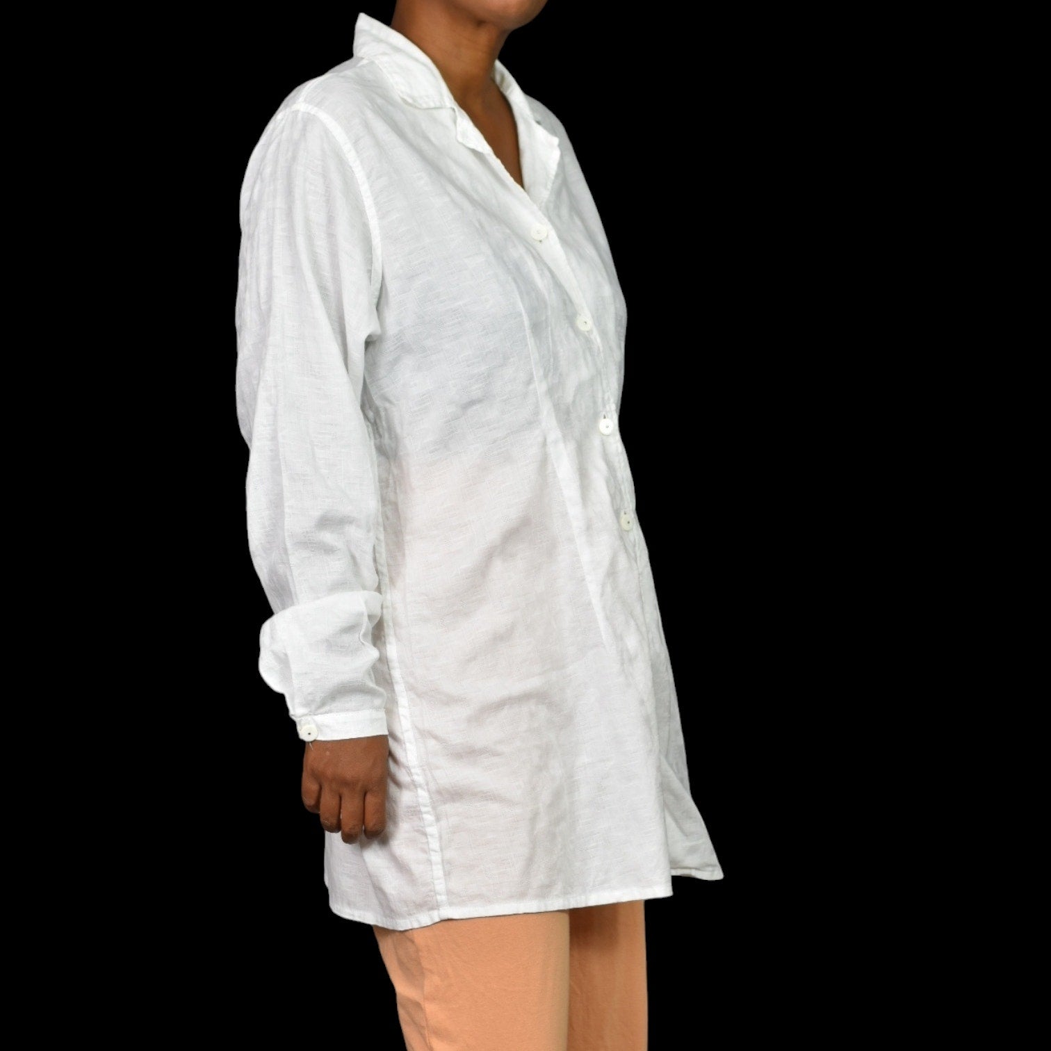 Vintage Flax Cotton Tunic Shirt White Collared Button Front Long Sleeve Oversized Jacquard Size Medium