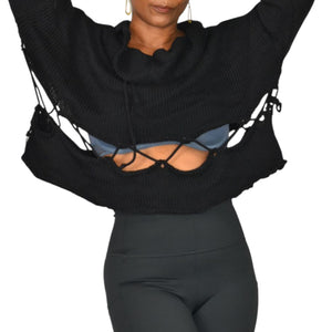 Manuelle Guibal Paris Sweater Black Knit Cropped Cutout Lace Up Long Sleeve Oversized Boxy Large