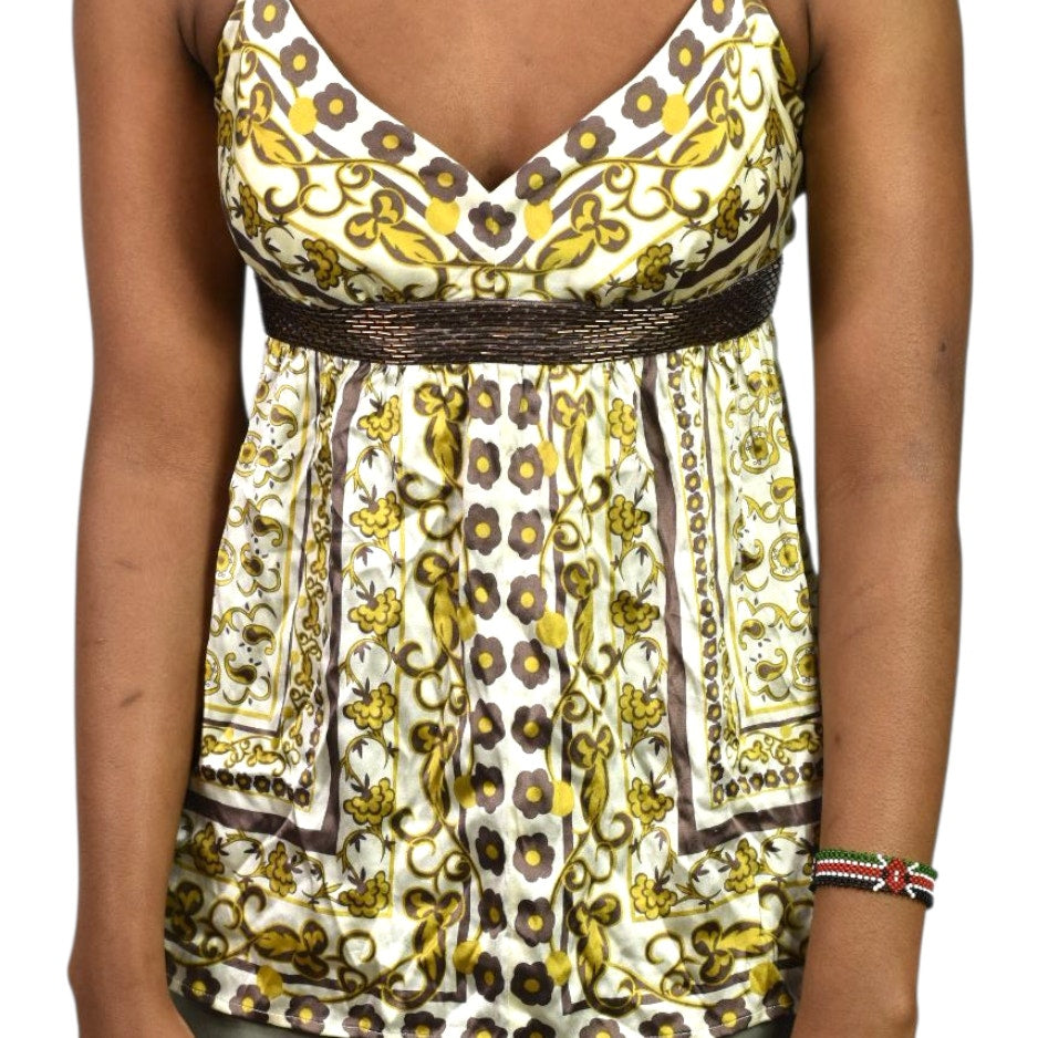 Vintage Arden B Silk Halter Top Brown Silk Beaded Embellished Scarf Baroque Print Straps XS