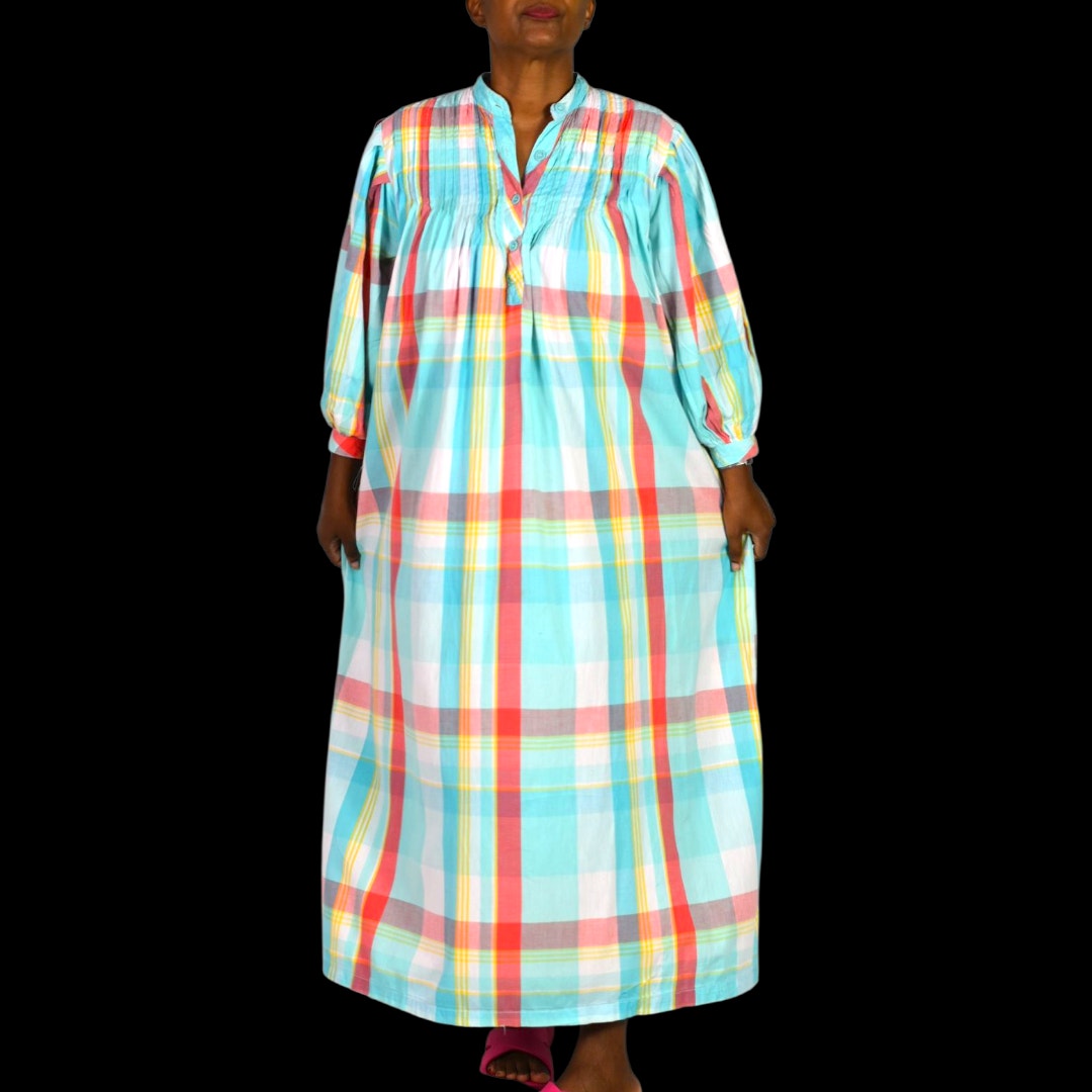 Vintage Saybury Nightshirt Blue Plaid Check Shirtdress Dress Pockets Cotton Pastel Oversized Muumuu Small