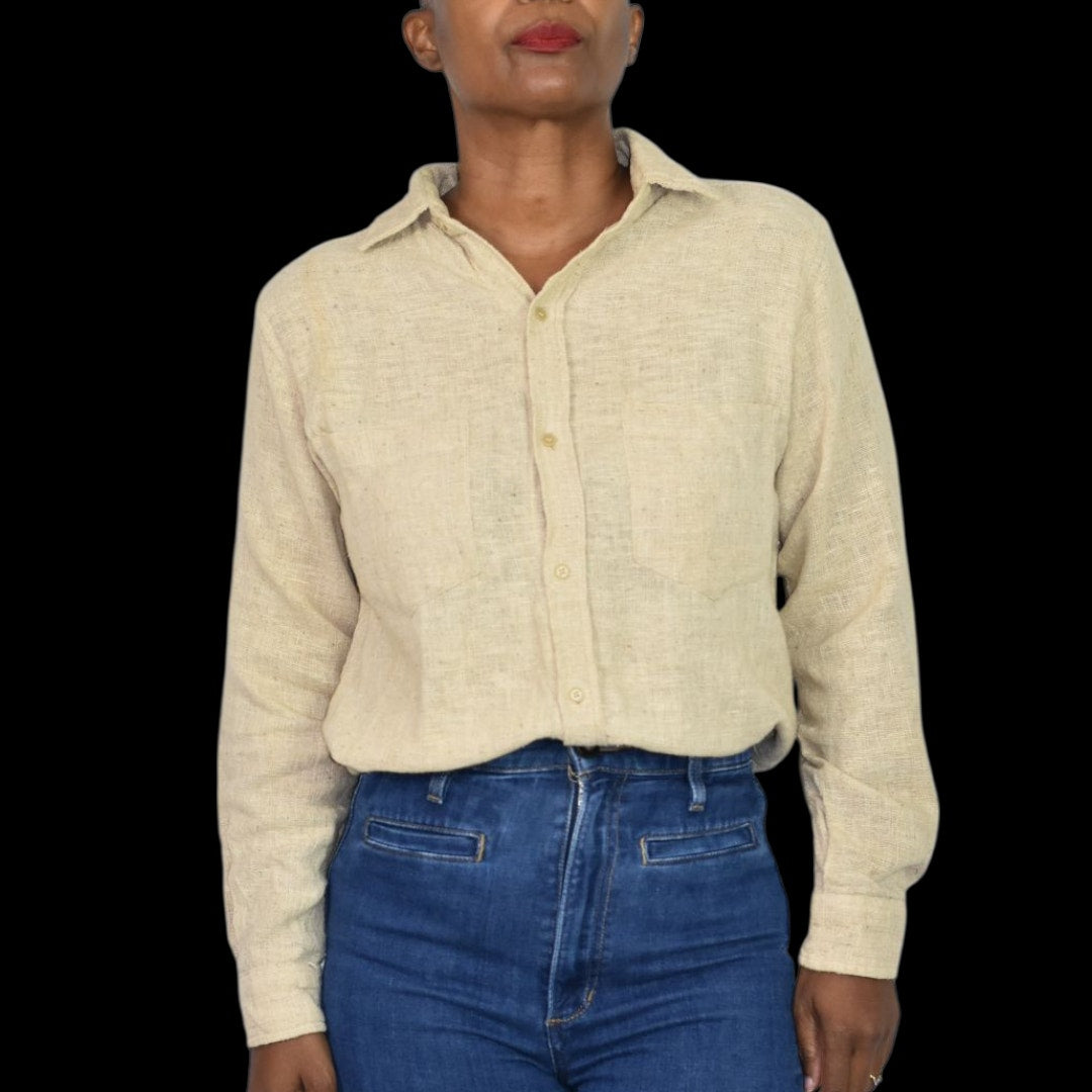 Vintage Cotton Button Down Shirt Tan Oatmeal Woven Gauze India Casual Small Mens