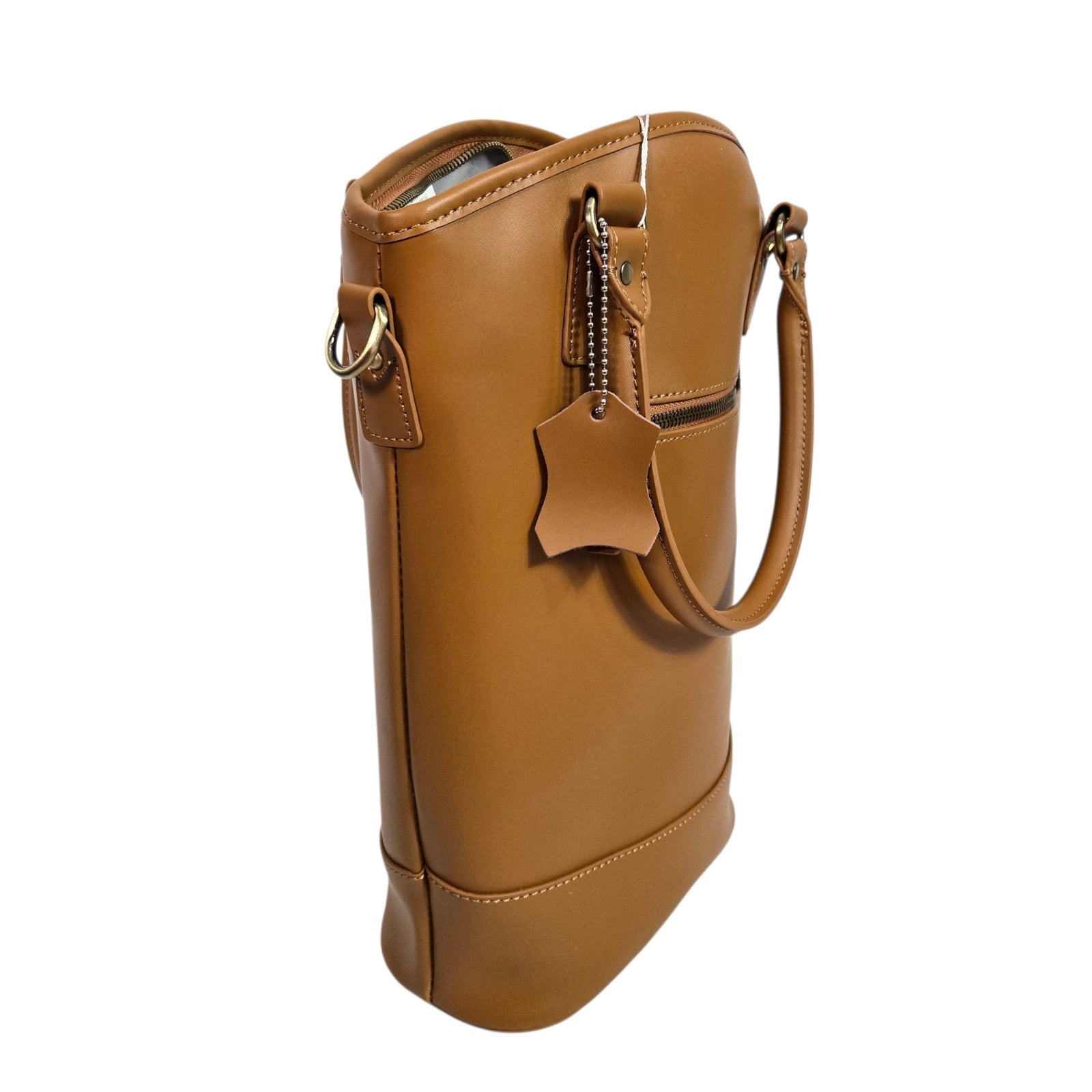 SACHI Insulated Wine Tote Bag Camel Brown Leather Lunch Bucket Two Bottle Strap