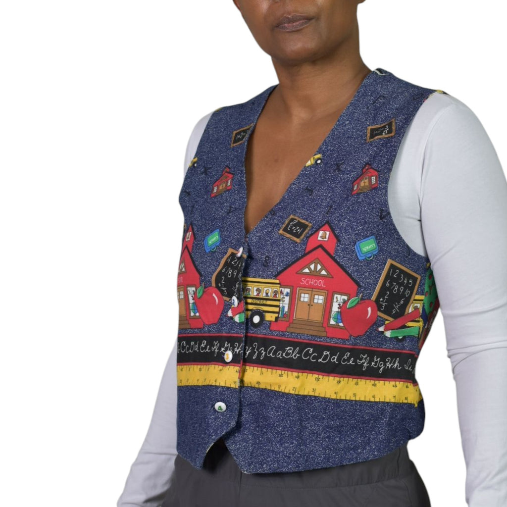 Homemade School Bus Teacher Vest Blue Kids Bus Button Front Cotton Novelty Waistcoat Small