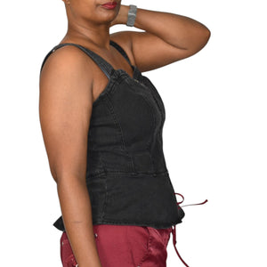 Scoop NYC Denim Bustier Black Corset Tank Top Zip Front Stretch Sweetheart Front Slit Medium