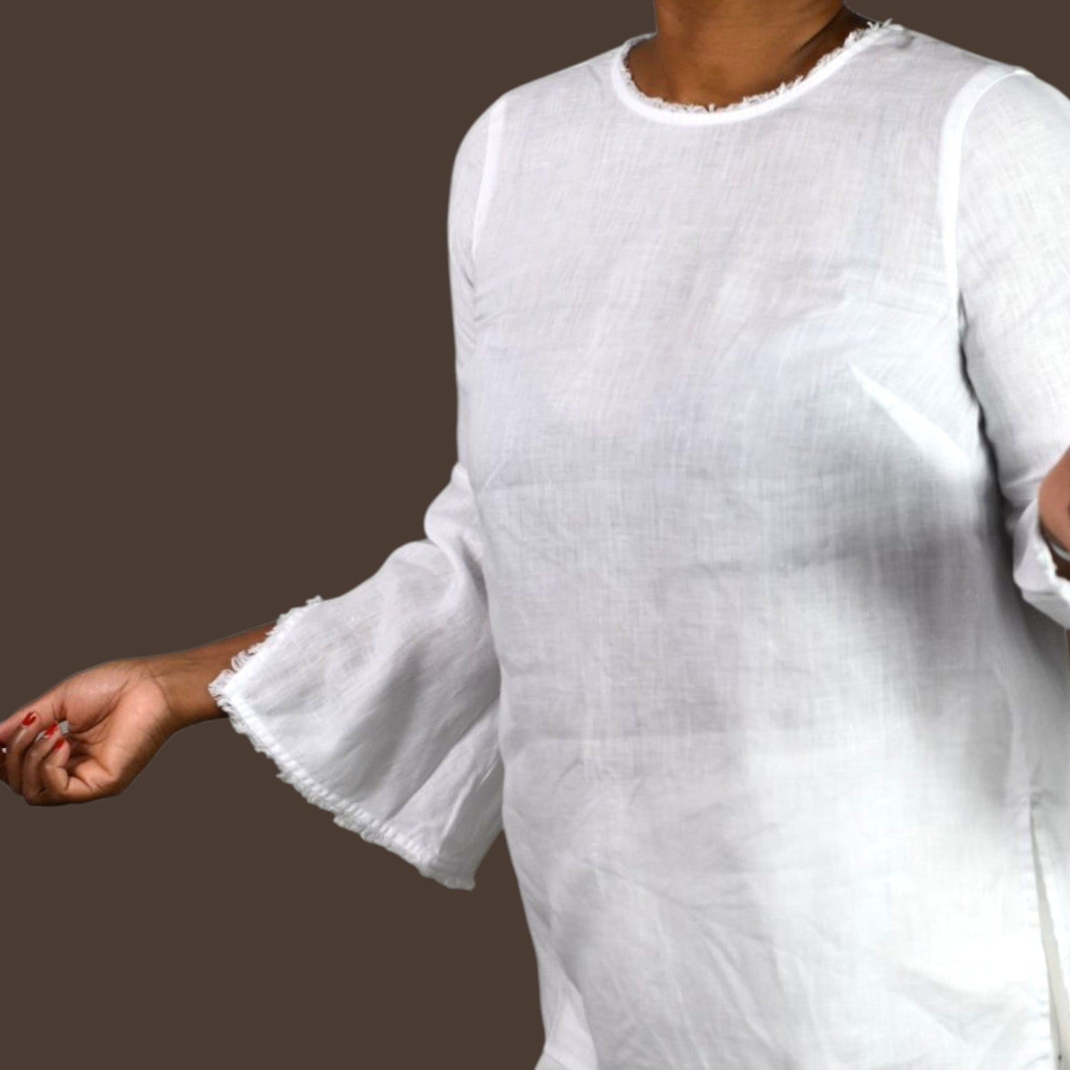 J Jill White Linen Tunic Top Bell Sleeve Boxy Relaxed Casual Slit Lightweight XS