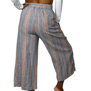 Madewell Huston Crop Pants Blue Side Button Pull On Linen Stripe Wide Leg High Waist Small