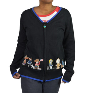 Vintage Storybook Knits Cardigan Sweater Black Kids World Peace Embroidered Embellished HSN Large