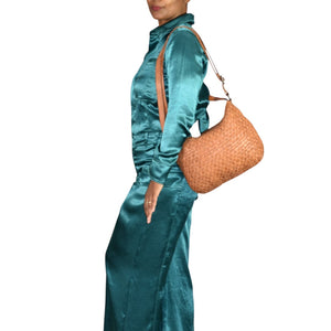 Vilenca Holland Leather Bag Brown Cognac Woven Leather Adjustable Shoulder Crossbody Soft Slouchy