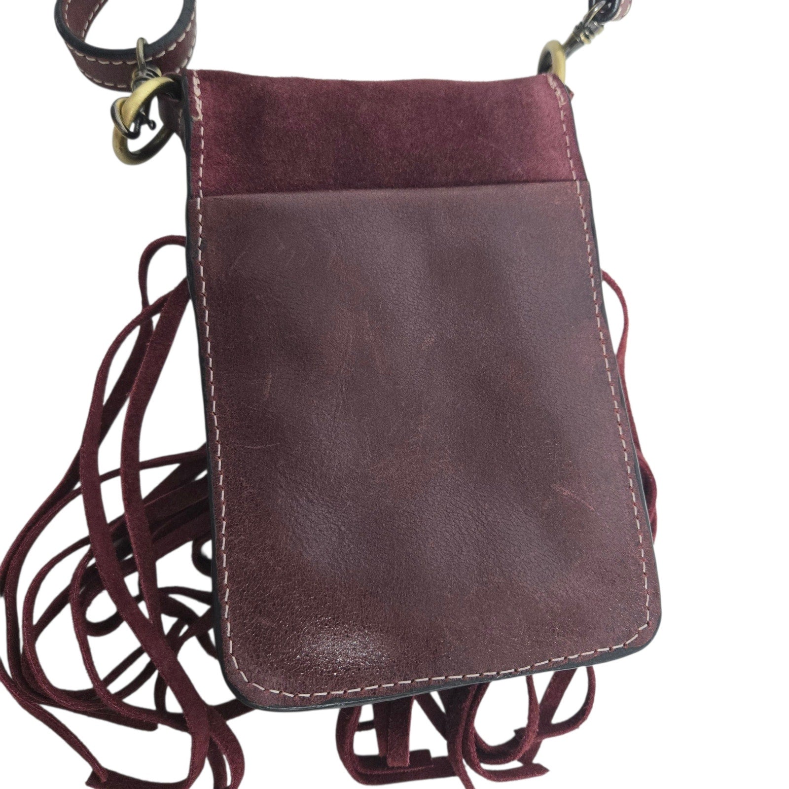Firenze Bella Fringe Leather Bag Red Burgundy Studded Crossbody Pouch Adjustable Compact