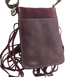 Firenze Bella Fringe Leather Bag Red Burgundy Studded Crossbody Pouch Adjustable Compact