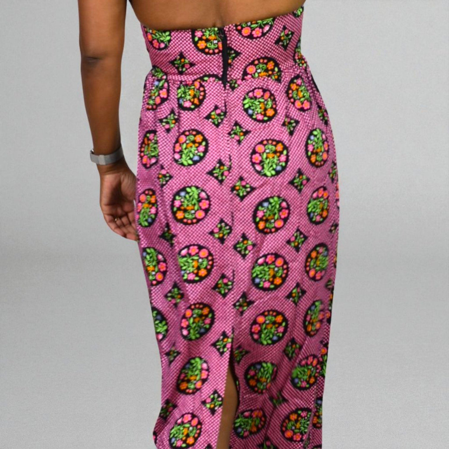Vintage Beach Mates Halter Maxi Dress Pink Acrylic Floral Print Check Garden 70s Coverup Hippie Small