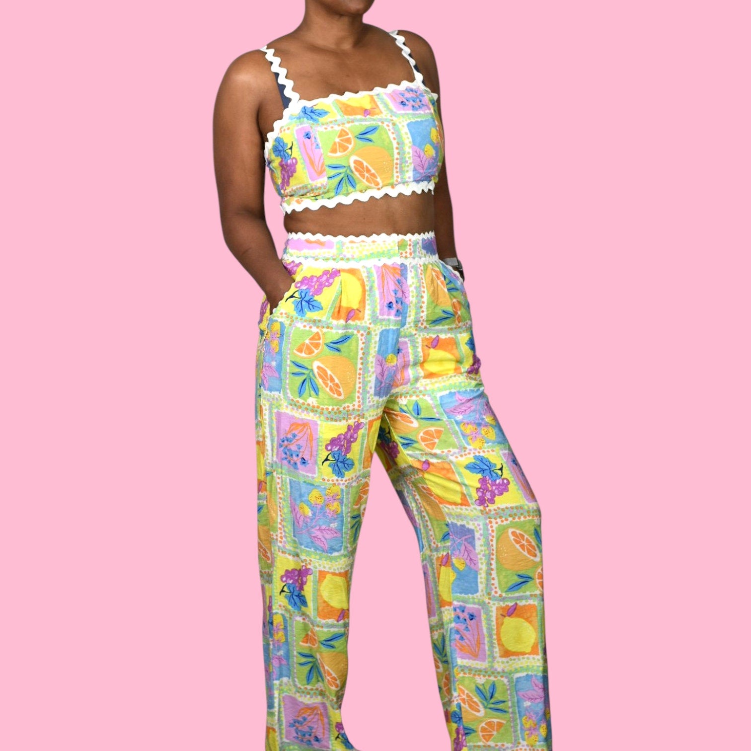 Fore Fruit Print Pant Set Yellow Block Print Matching CoOrd Crop Top Wide Leg Medium