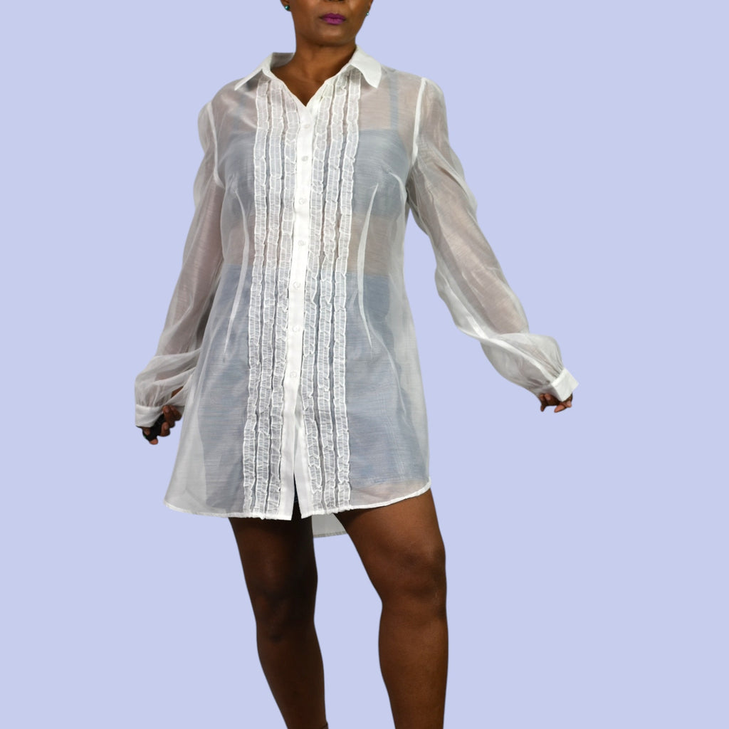 Sugar Thrillz Totally Paused Sheer Top Ruffles Collared Long Button Front Tuxedo Shirt Blouse XXL