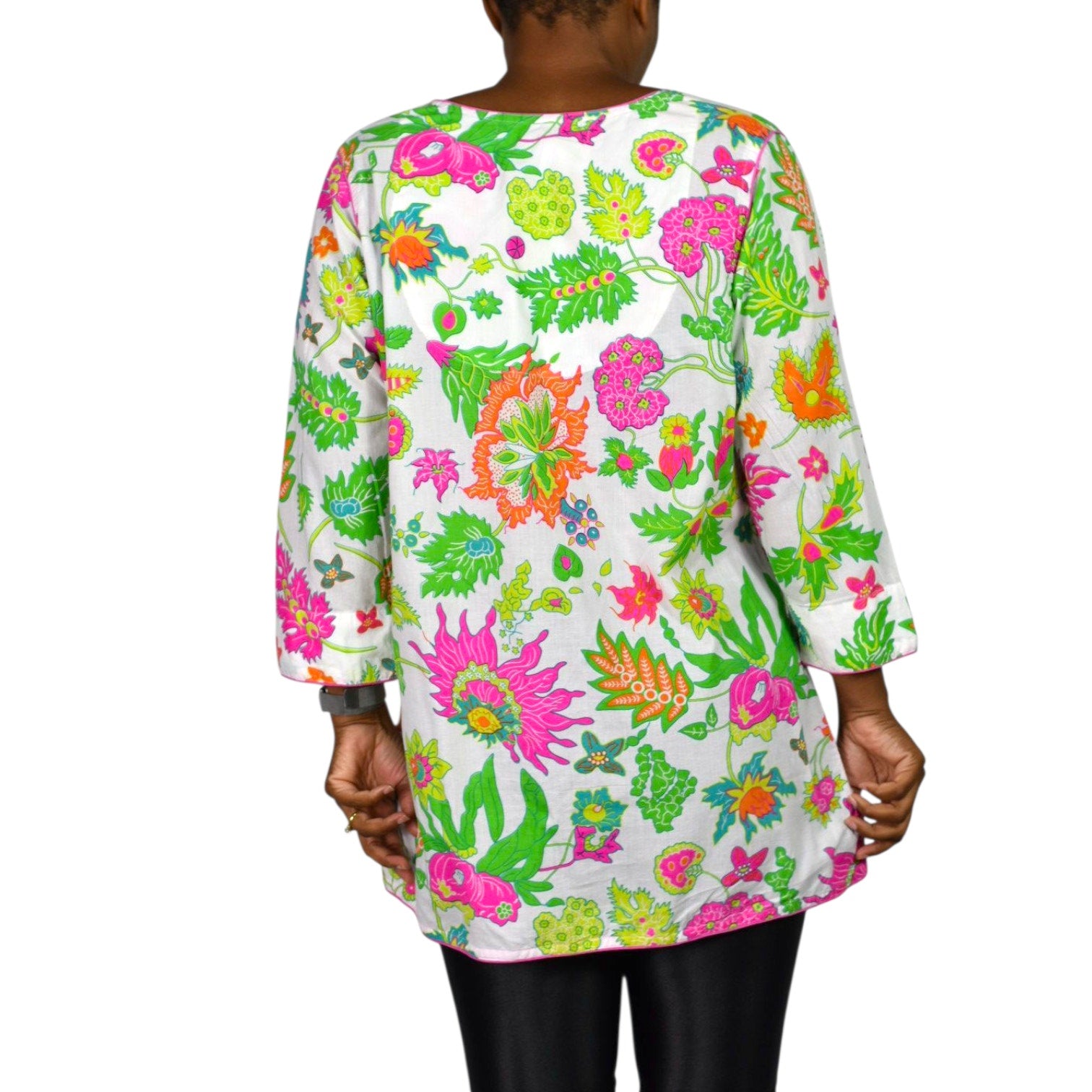 Gretchen Scott Cotton Tunic Pink Colorful Wonderland Top Blouse Cotton Floral Side Slits Split Neck Large