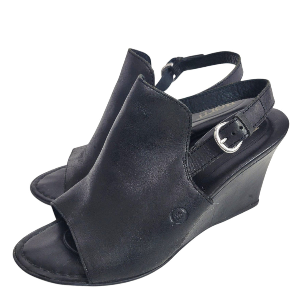 Born Bevi Wedge Heels Black Open Toe Leather Slingback Comfort Cushioned Buckle 7
