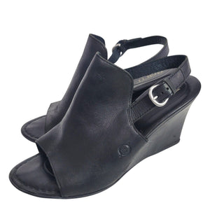 Born Bevi Wedge Heels Black Open Toe Leather Slingback Comfort Cushioned Buckle 7