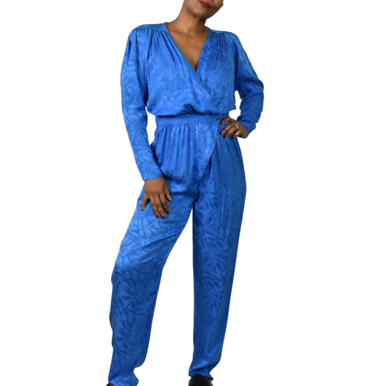 Nora Noh Silk Jumpsuit Blue Vintage Silky Shoulder Pads Tapered Boilersuit Jacquard Small