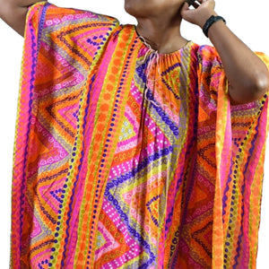 Vintage Abstract Psychedelic Accordion Caftan Dress Pink Geo Neon Dayglo Rainbow Print Maxi 60s 70s One Size S M L