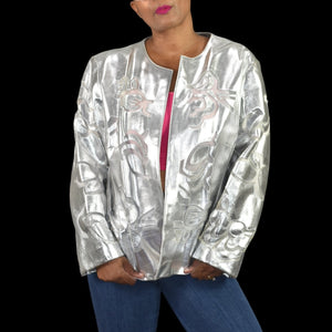 Chicos Odile Silver Leather Jacket Metallic Shiny Collarless Open Mesh Cutouts Size XL