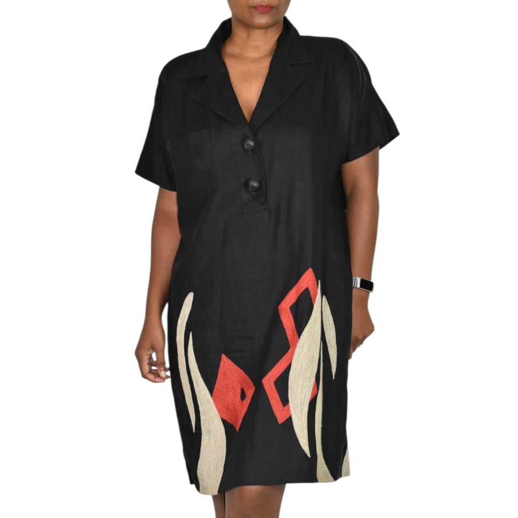Vintage Andrea Jovine Linen Dress Black Print Abstract Embroidery Cocoon 10 Medium