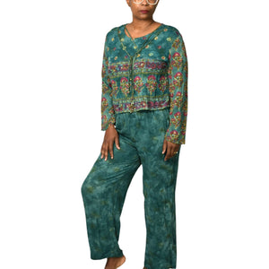 Vintage Carole Little Pant Suit 80s 90s Matching Set Green Teal Tassels Boxy Petite Small