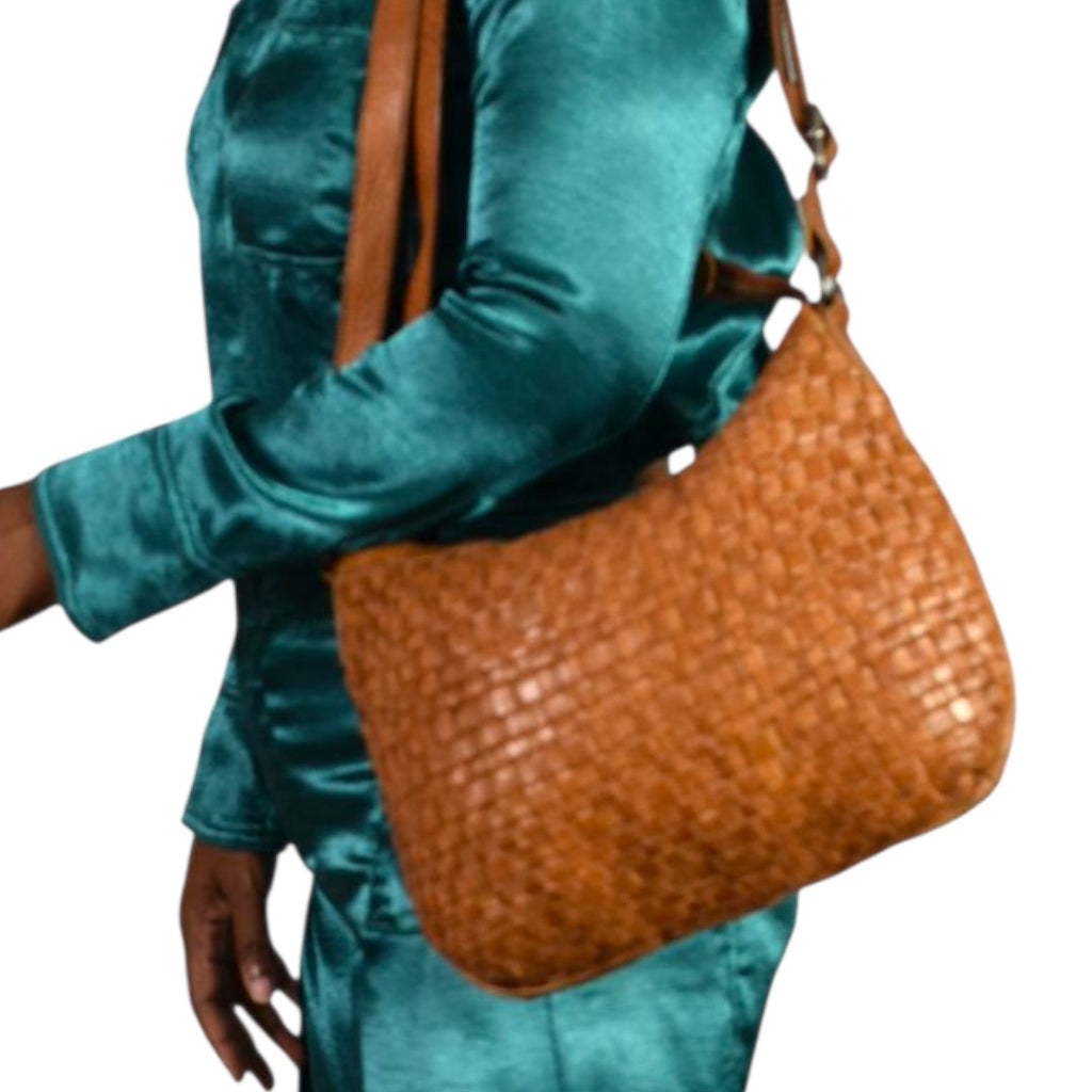 Vilenca Holland Leather Bag Brown Cognac Woven Leather Adjustable Shoulder Crossbody Soft Slouchy