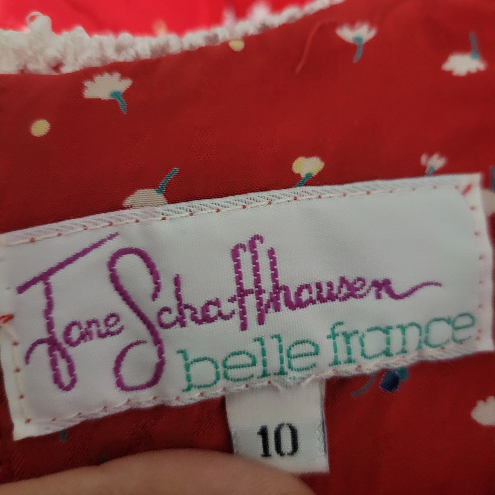 Jane Schaffhausen Belle France Dress Red Floral Midi Puff Sleeves Yoked Silky Rayon Peter Pan Collar Vintage Small