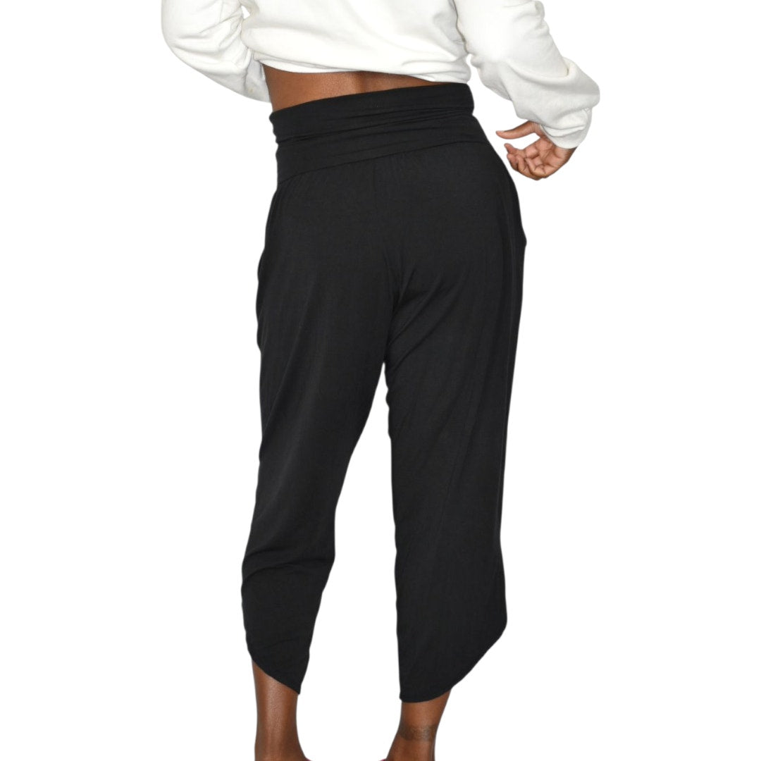 Athleta Flow With It Pant Pants Black Harem Tulip Hem Cropped Wide Leg Stretch Jersey Modal XS